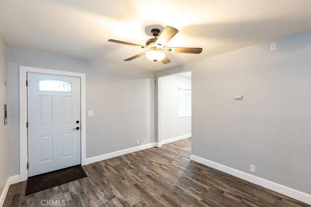 foyer entrance featuring ceiling fan and dark hardwood / wood-style flooring