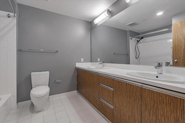 full bathroom with tile patterned floors, vanity, toilet, and shower / bathing tub combination