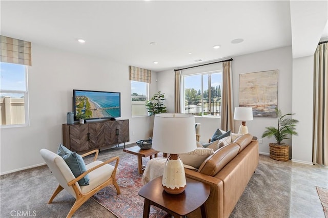 34273 Creek View Ln, Yucaipa, CA 92399 - living area with baseboards, recessed lighting, and light colored carpet
