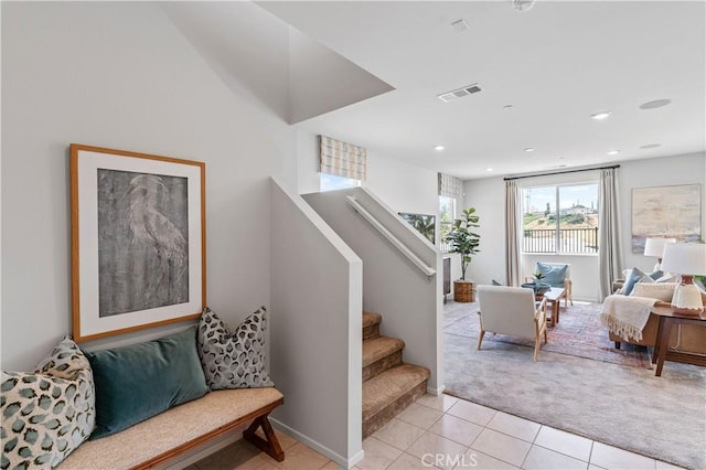 34273 Creek View Ln, Yucaipa, CA 92399 - stairway with carpet, tile patterned flooring, recessed lighting, and baseboards