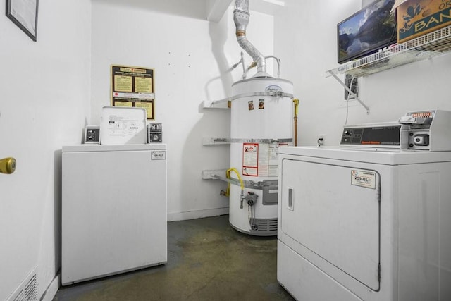 washroom featuring washer and clothes dryer and strapped water heater