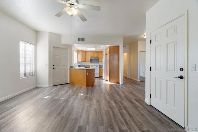 kitchen featuring ceiling fan, white fridge, light hardwood / wood-style floors, sink, and range