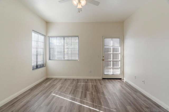 unfurnished room featuring light wood-type flooring and ceiling fan