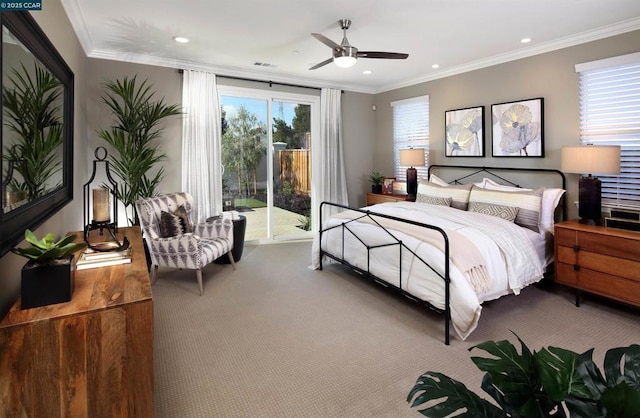 carpeted bedroom with ceiling fan, access to exterior, and ornamental molding