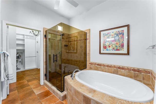 bathroom featuring ceiling fan, tile patterned floors, and separate shower and tub