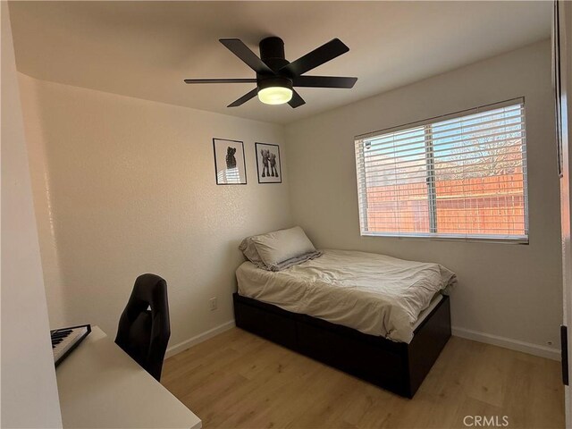 bedroom featuring ceiling fan and light wood-type flooring