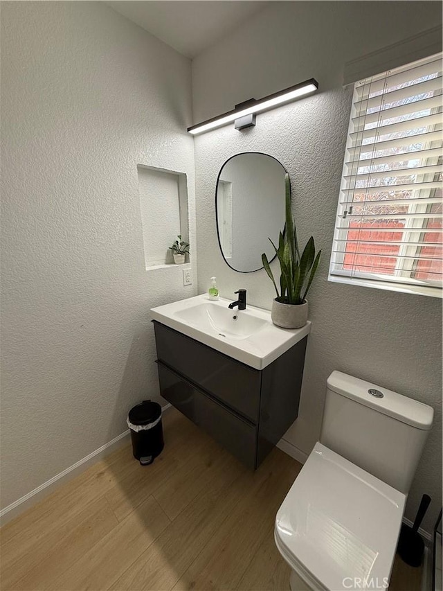 bathroom featuring toilet, vanity, and hardwood / wood-style flooring