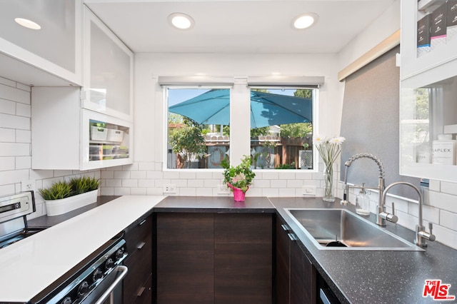 kitchen with tasteful backsplash, white cabinets, dark brown cabinetry, and sink