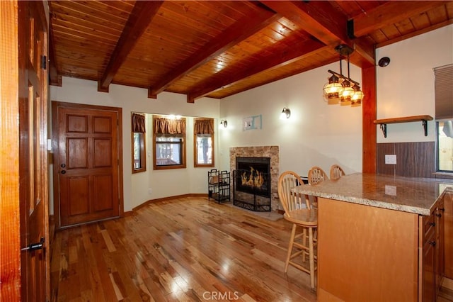 interior space with plenty of natural light, wood-type flooring, beam ceiling, and wood ceiling