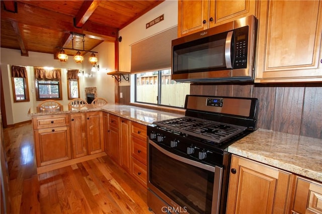 kitchen featuring light hardwood / wood-style floors, kitchen peninsula, wooden ceiling, appliances with stainless steel finishes, and beam ceiling