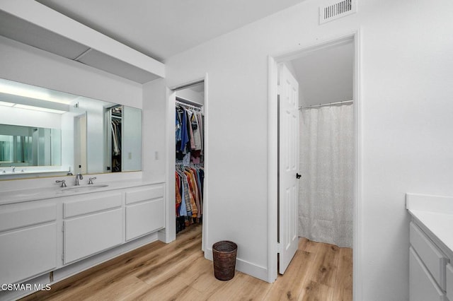 bathroom with hardwood / wood-style floors and vanity