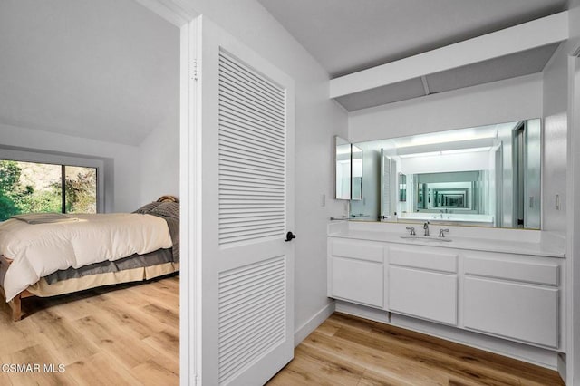 bathroom featuring vaulted ceiling, hardwood / wood-style floors, and vanity