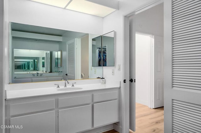 bathroom with hardwood / wood-style floors and vanity