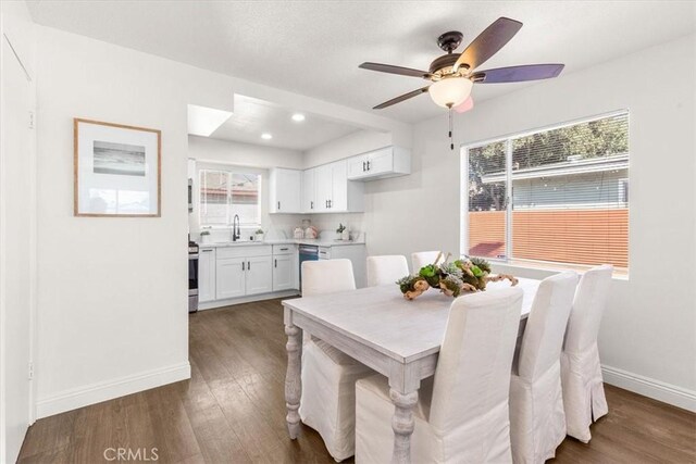 dining room featuring ceiling fan, dark hardwood / wood-style flooring, and sink