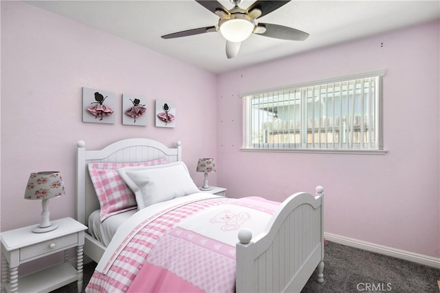 carpeted bedroom featuring ceiling fan