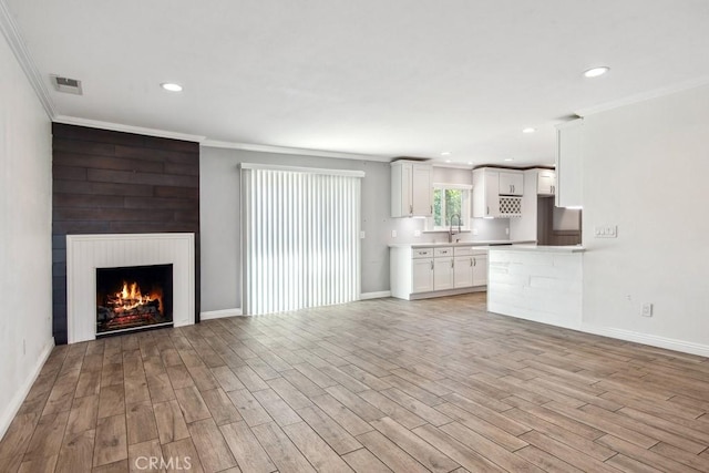 unfurnished living room with a fireplace, sink, and ornamental molding