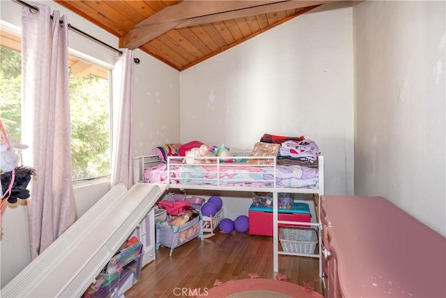 bedroom with wooden ceiling, lofted ceiling with beams, and wood-type flooring