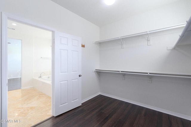 walk in closet with dark hardwood / wood-style flooring