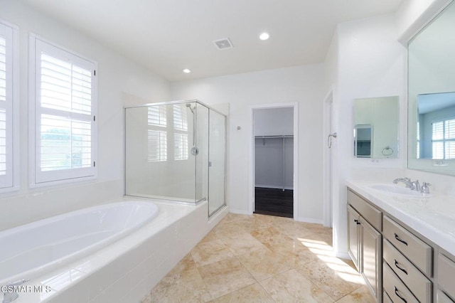 bathroom with a wealth of natural light, vanity, and shower with separate bathtub