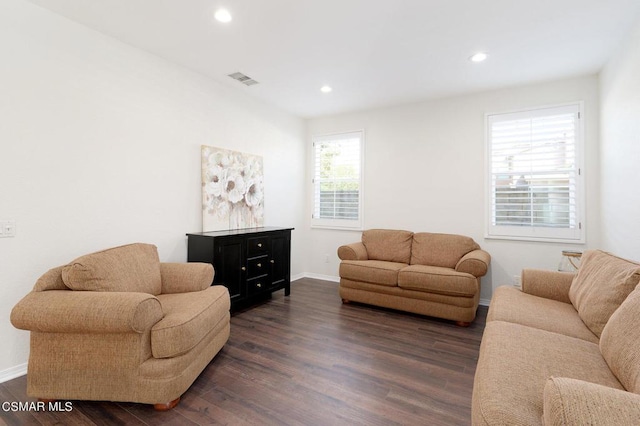 living room with dark hardwood / wood-style flooring