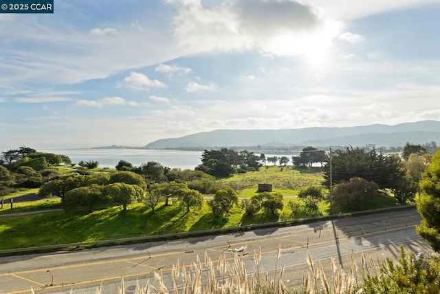 view of community with a water and mountain view