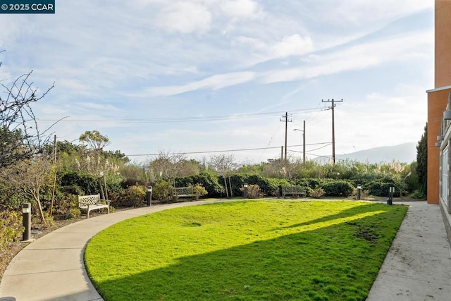 view of property's community with a lawn and a mountain view