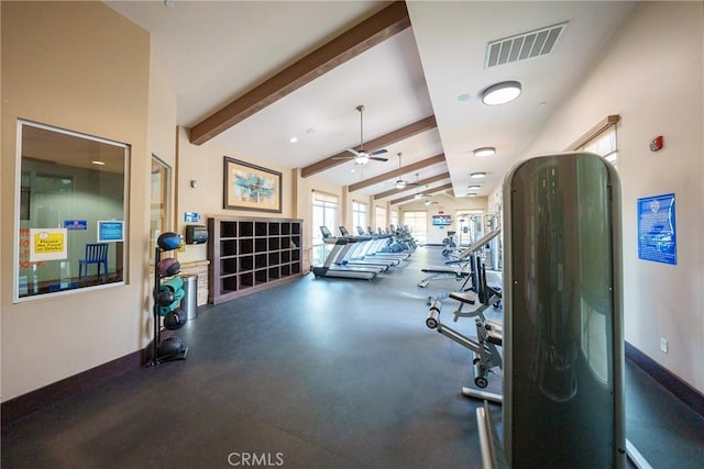 exercise room with ceiling fan