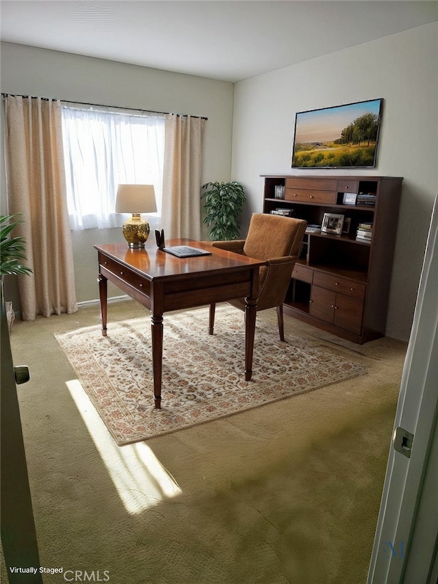 home office featuring light carpet