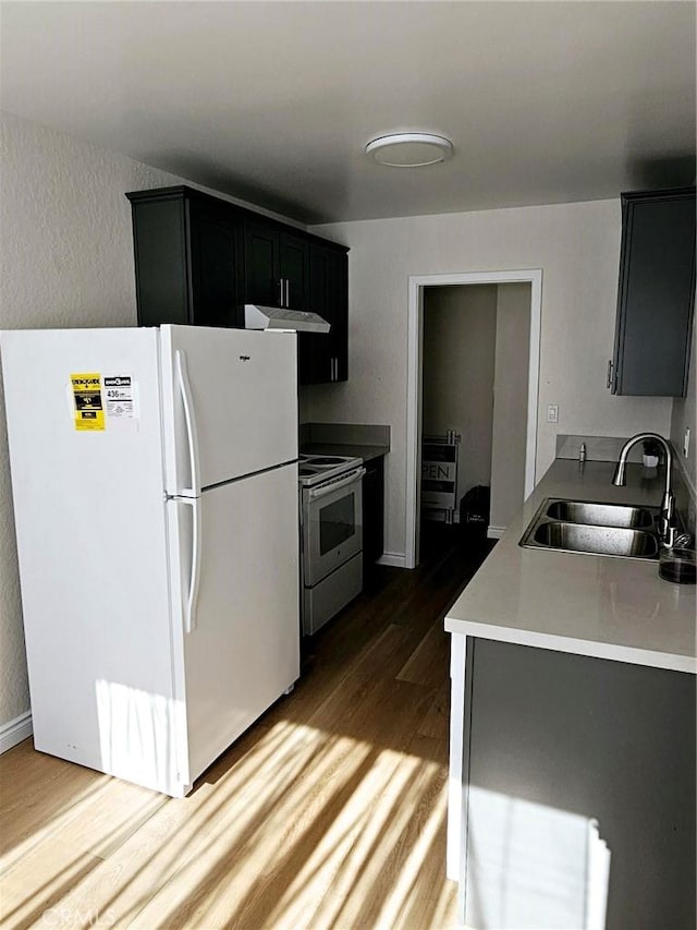 kitchen featuring dark wood-type flooring, sink, and white appliances