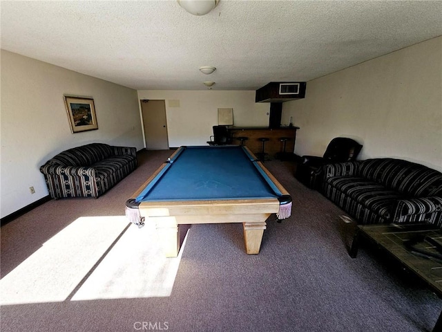 game room featuring carpet, billiards, baseboards, and a textured ceiling