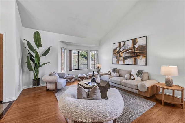 living room with hardwood / wood-style flooring and high vaulted ceiling