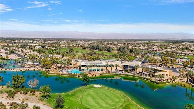 bird's eye view with a water and mountain view