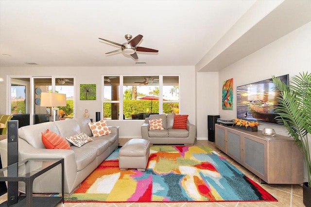 living room featuring ceiling fan