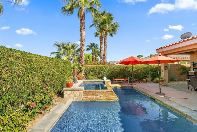 view of swimming pool with a jacuzzi and a patio