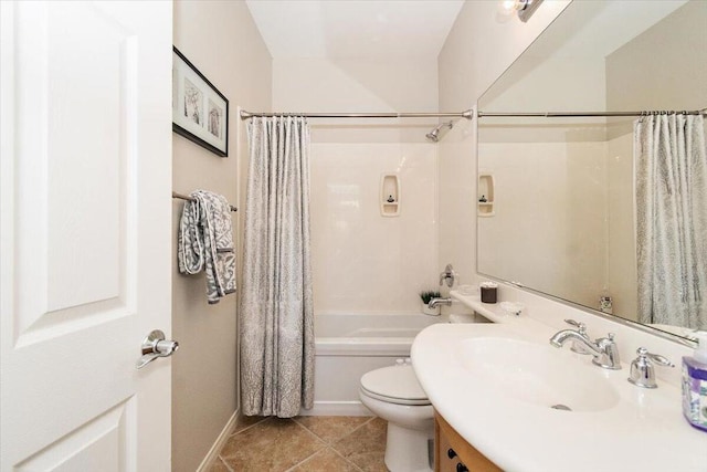 full bathroom with toilet, vanity, tile patterned floors, and shower / bathtub combination with curtain