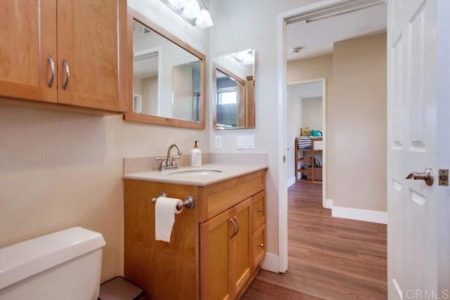 bathroom featuring toilet, vanity, and wood-type flooring