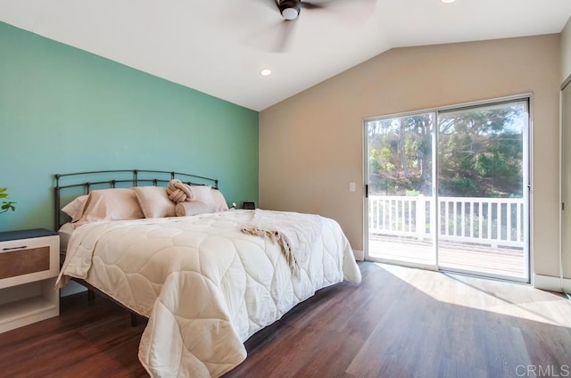 bedroom featuring ceiling fan, dark hardwood / wood-style flooring, access to outside, and vaulted ceiling