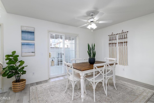 dining room featuring light wood-type flooring and ceiling fan