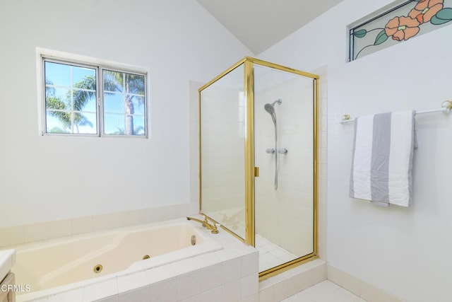 bathroom featuring separate shower and tub and vanity