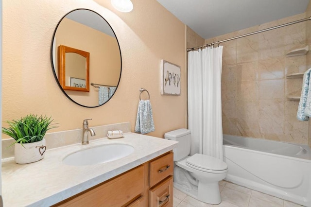 full bathroom with toilet, vanity, tile patterned floors, and shower / bath combo with shower curtain