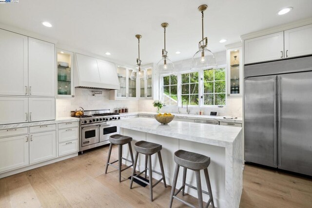 kitchen with white cabinetry, light hardwood / wood-style floors, high end appliances, and custom range hood