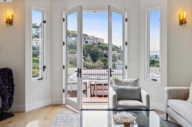 doorway featuring light hardwood / wood-style floors and french doors