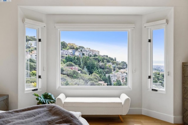 bedroom with hardwood / wood-style floors and multiple windows