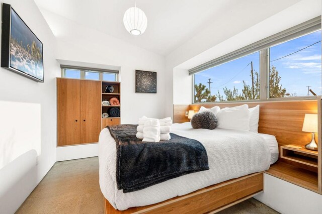 bedroom featuring multiple windows and lofted ceiling