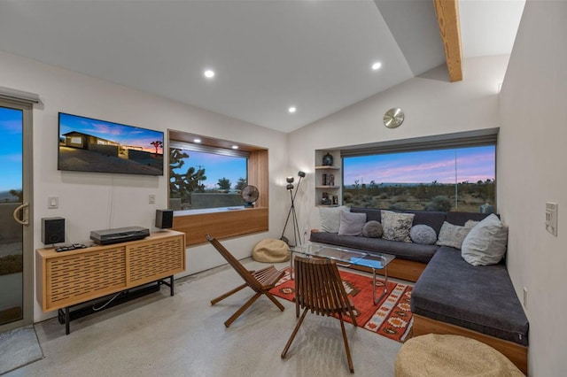 living room with built in features and vaulted ceiling with beams