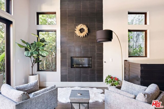 living room featuring a large fireplace, a wealth of natural light, and a high ceiling