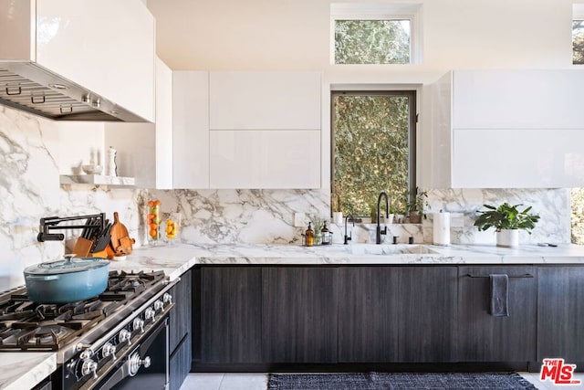 kitchen with backsplash, wall chimney exhaust hood, white cabinetry, and stainless steel stove