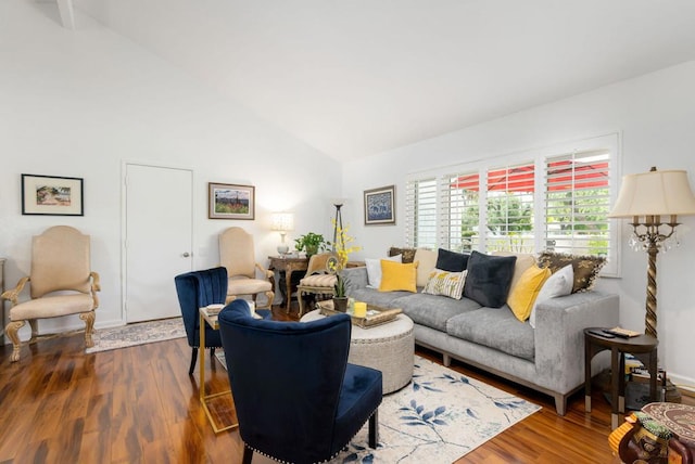 living room featuring wood-type flooring and high vaulted ceiling