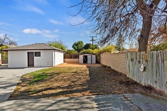 view of yard featuring a patio area and a shed