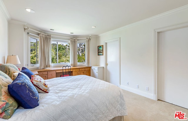 carpeted bedroom featuring ornamental molding